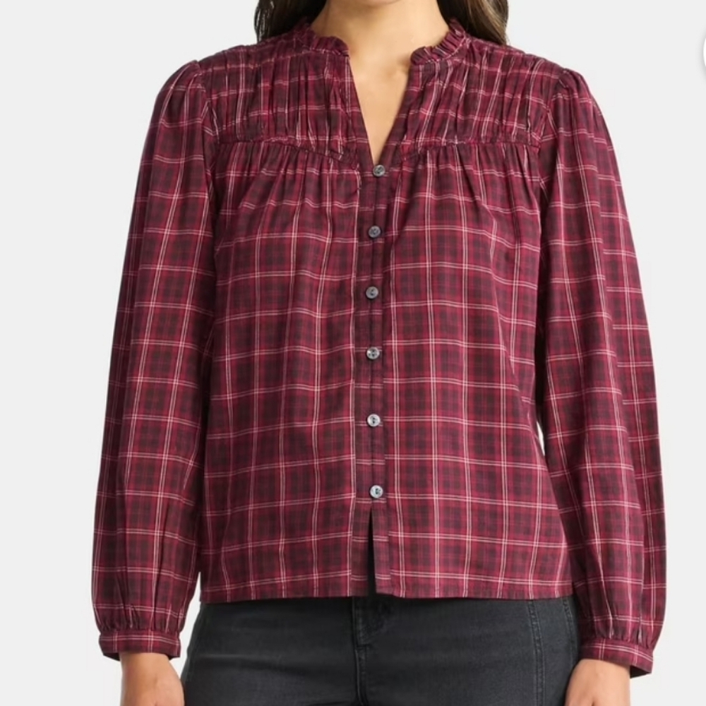Time And Tru Women's  Ruched yoke long sleeve Wine Punch Plaid Button-Up Top
